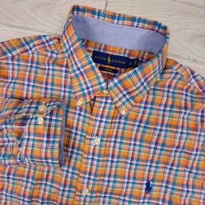Ralph Lauren Button Down Shirt Mens L Orange Blue Madras Plaid Non-Iron